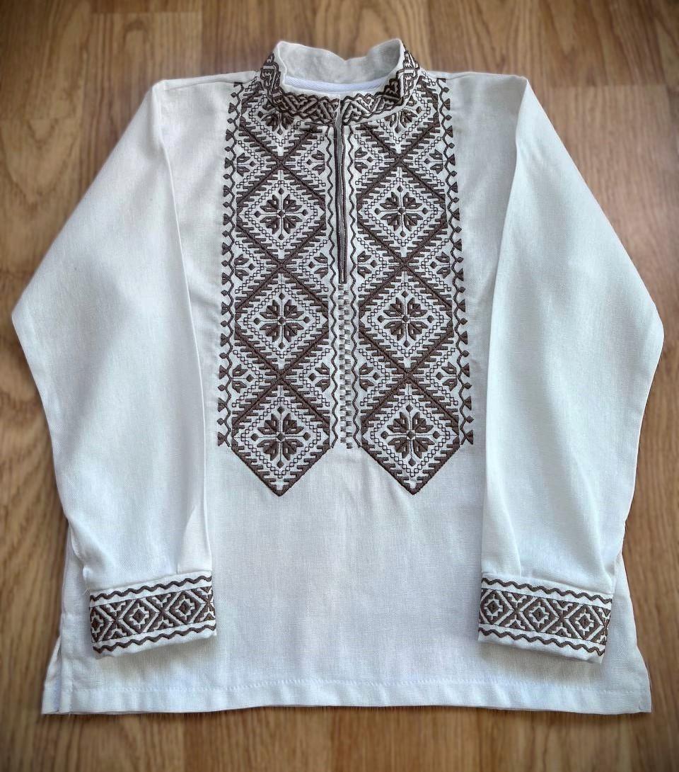 Вышиванка-рубашка для мальчика из льна с вышитыми пшеничными колосьями 134 см Белый (2473771739)
