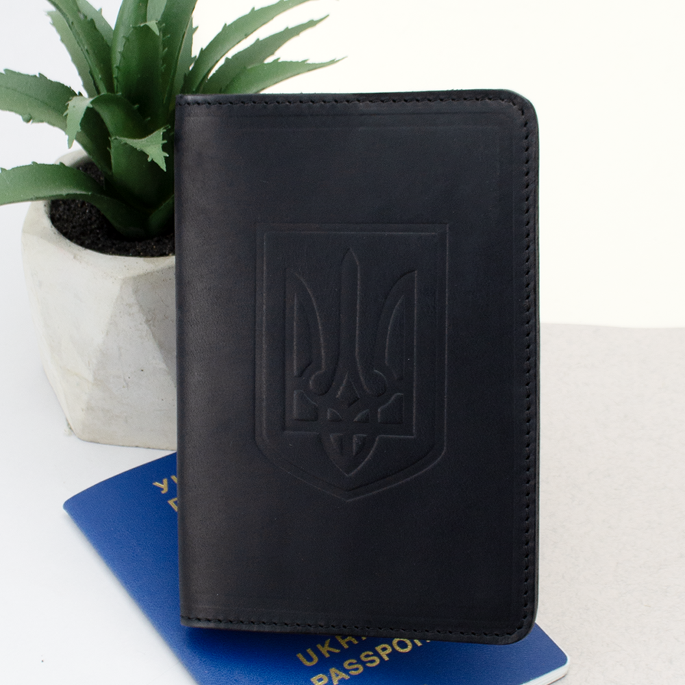Обложка на паспорт кожаная HC-0074-1 с гербом Украины Черный матовый (1966109621)