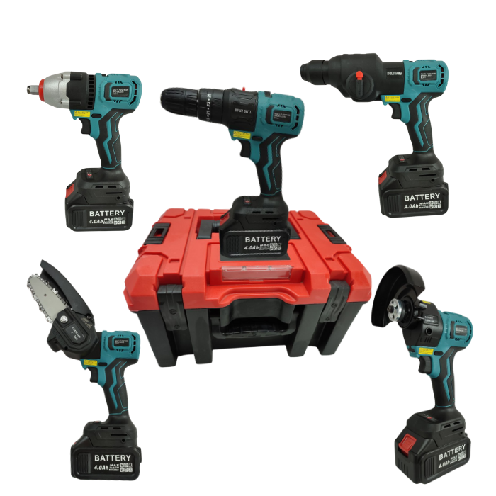 Набор электроинструментов 5в1 с 2 аккумуляторами шуруповерт/пила/гайковерт/перфоратор в чемодане (FS-202)