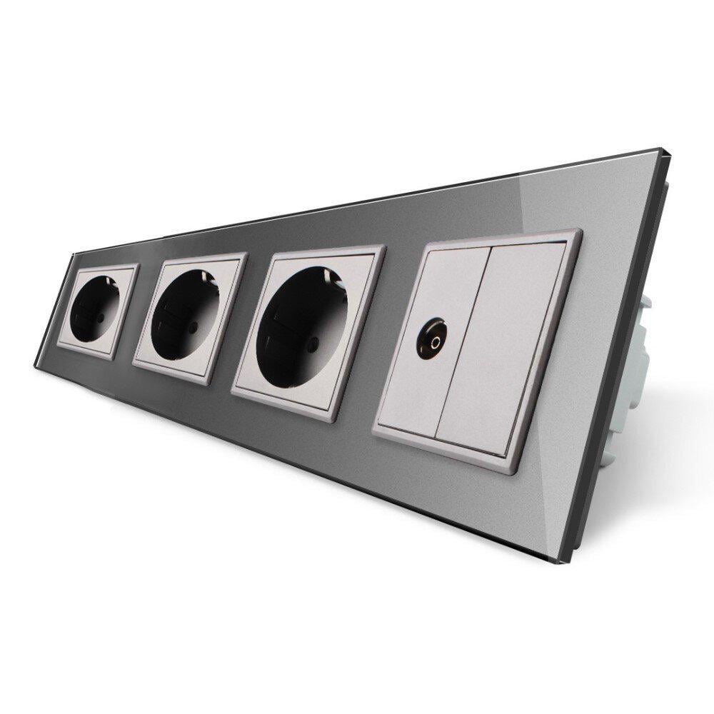 Розетка четырехместная Livolo комбинированная силовая ТВ стеклянная Серый (VL-C7C3EU1VK0-15)