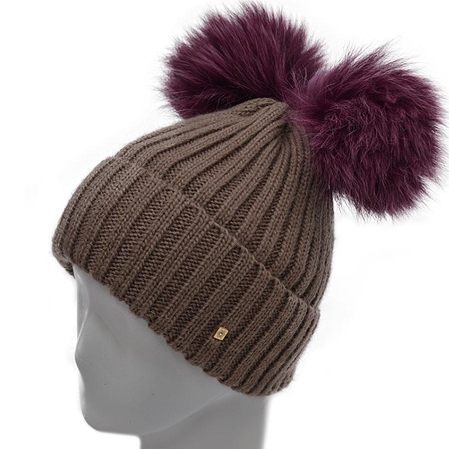 Шапка молодіжна Lirus Пума з двома песцовими бубонами на флісовій підкладці one size Темно-пудровий (65844)