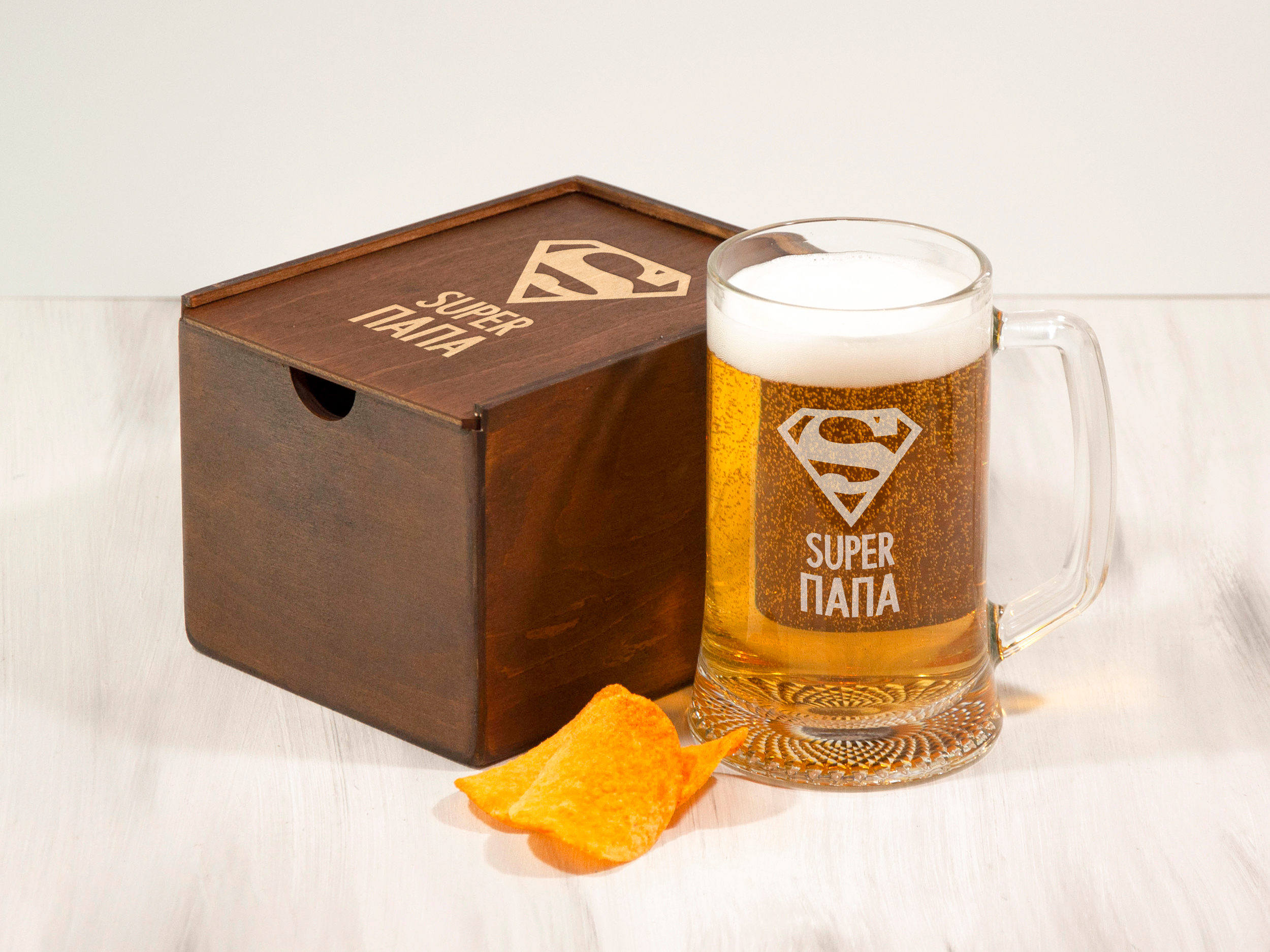 Бокал для пива Woodpresent Super Папа в деревянной коробке