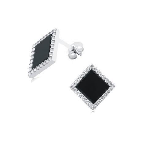 Серьги серебряные пусеты Квадраты с черным ониксом и белыми фианитами