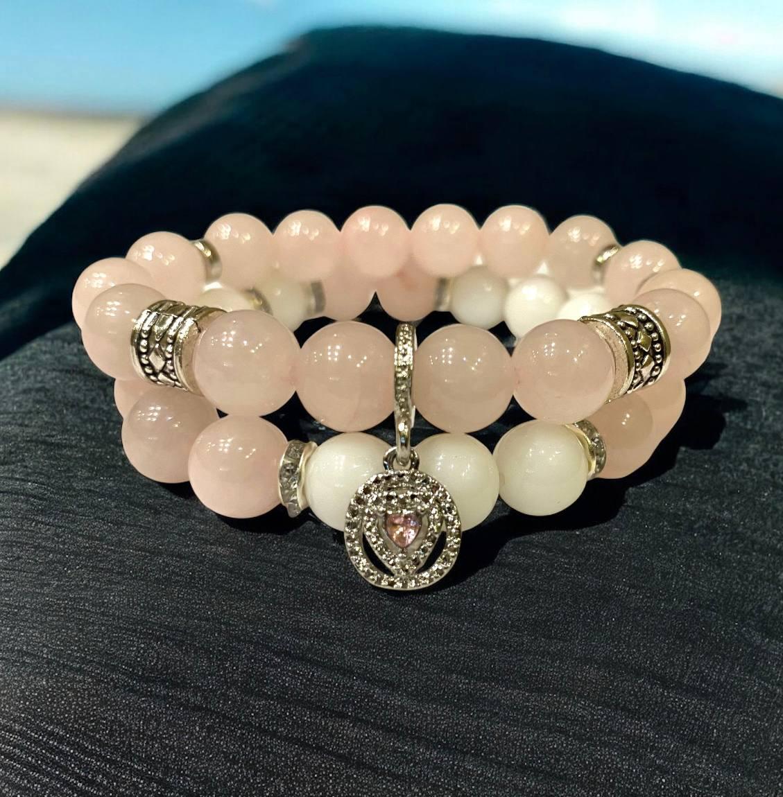 Браслет LITAURS из натурального камня розовый кварц белый агат d 10 мм и металлическими вставками 2 шт. М 15-17 см (250408) - фото 6