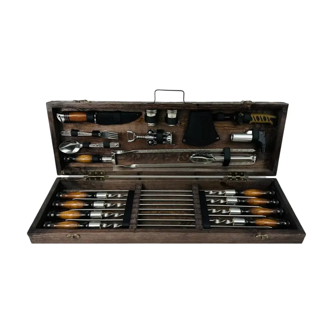 Набір шампурів у кейсі Гриль середній дерев'яний з нержавіючої сталі (2-10-KS-7601)