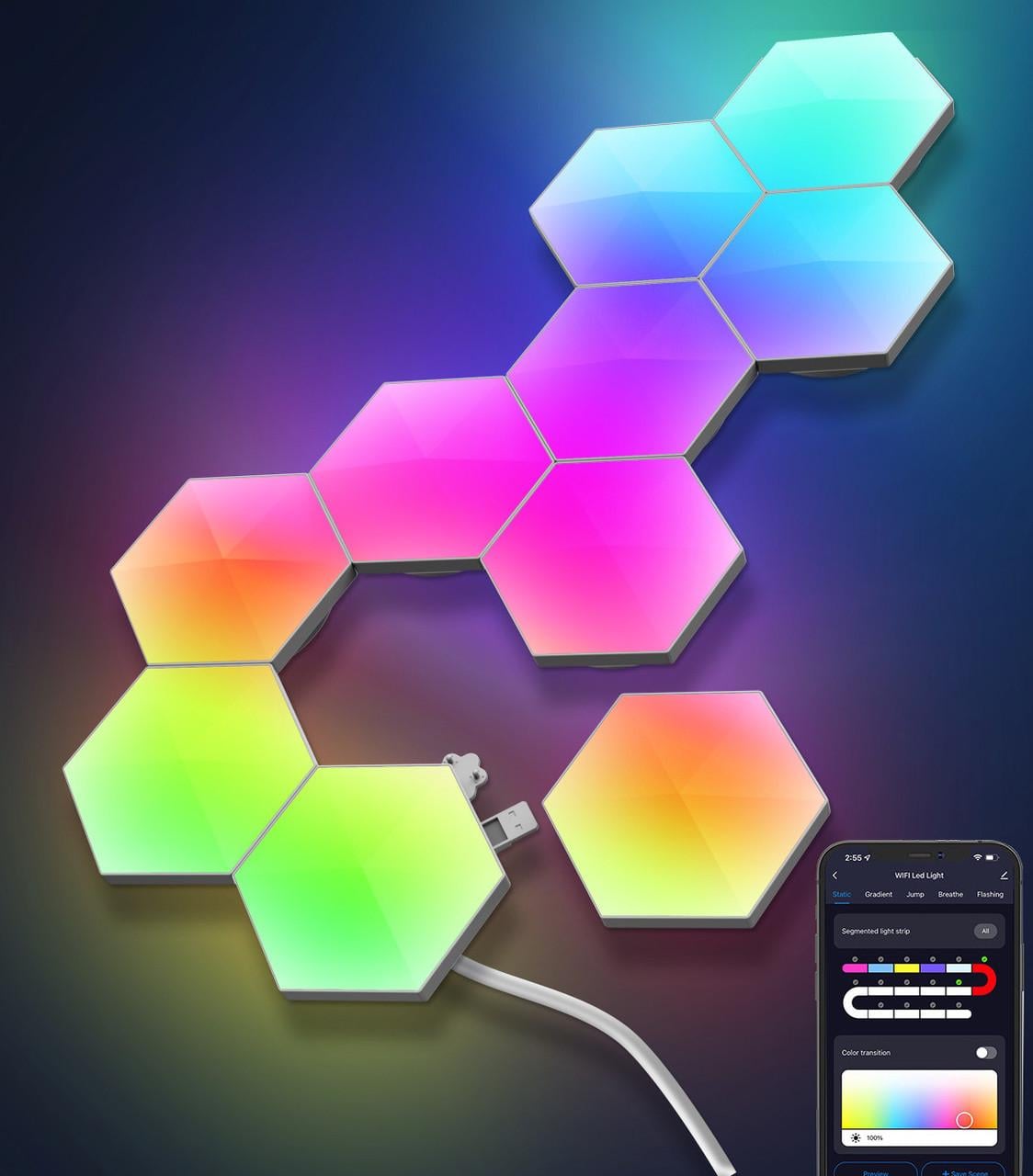 Настенный светильник RGB модульный Соты 10 шт. с пультом и мобильным приложением Wi-Fi (34629893)