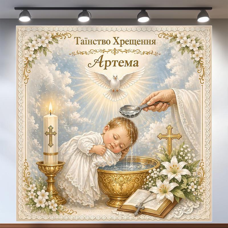 Баннер для крещения мальчика Таинство Крещения с ангелом, купелью и свечой 120х120см, №48003