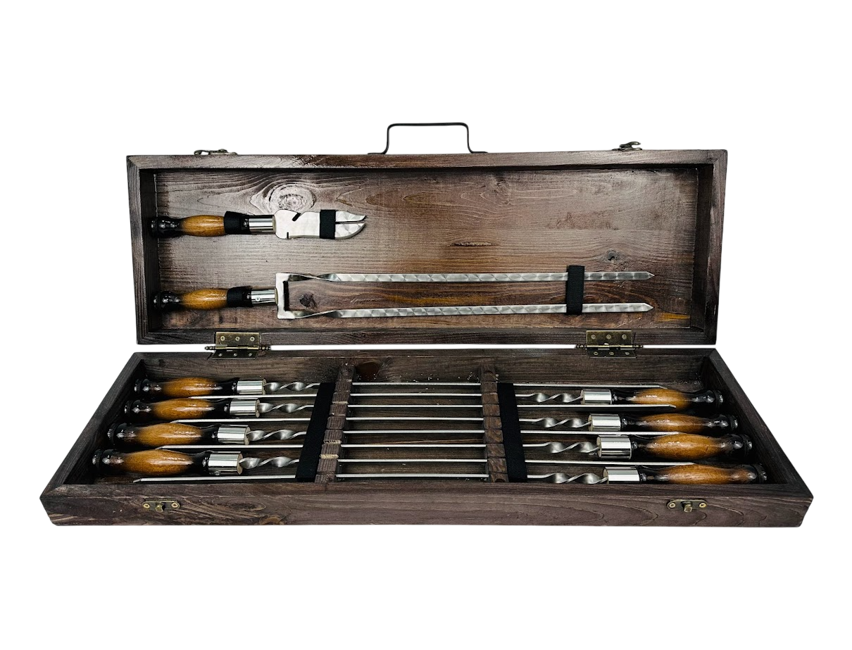 Набор шампуров ручной работы Премиум с аксессуарами 10 предметов в кейсе 74х24х10 см Коричневый (124-10-KS-7612)