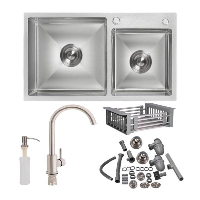 Мийка для кухні Lidz 2 чаші із змішувачем з дозатором з кошиком 78х43 см Сатин (ldds7843K)