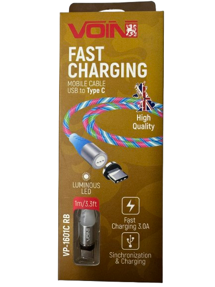 Кабель магнітний Voin USB-Type C 3А Multicolor LED швидка зарядка/передача даних 1 м (VP-1601C RB)