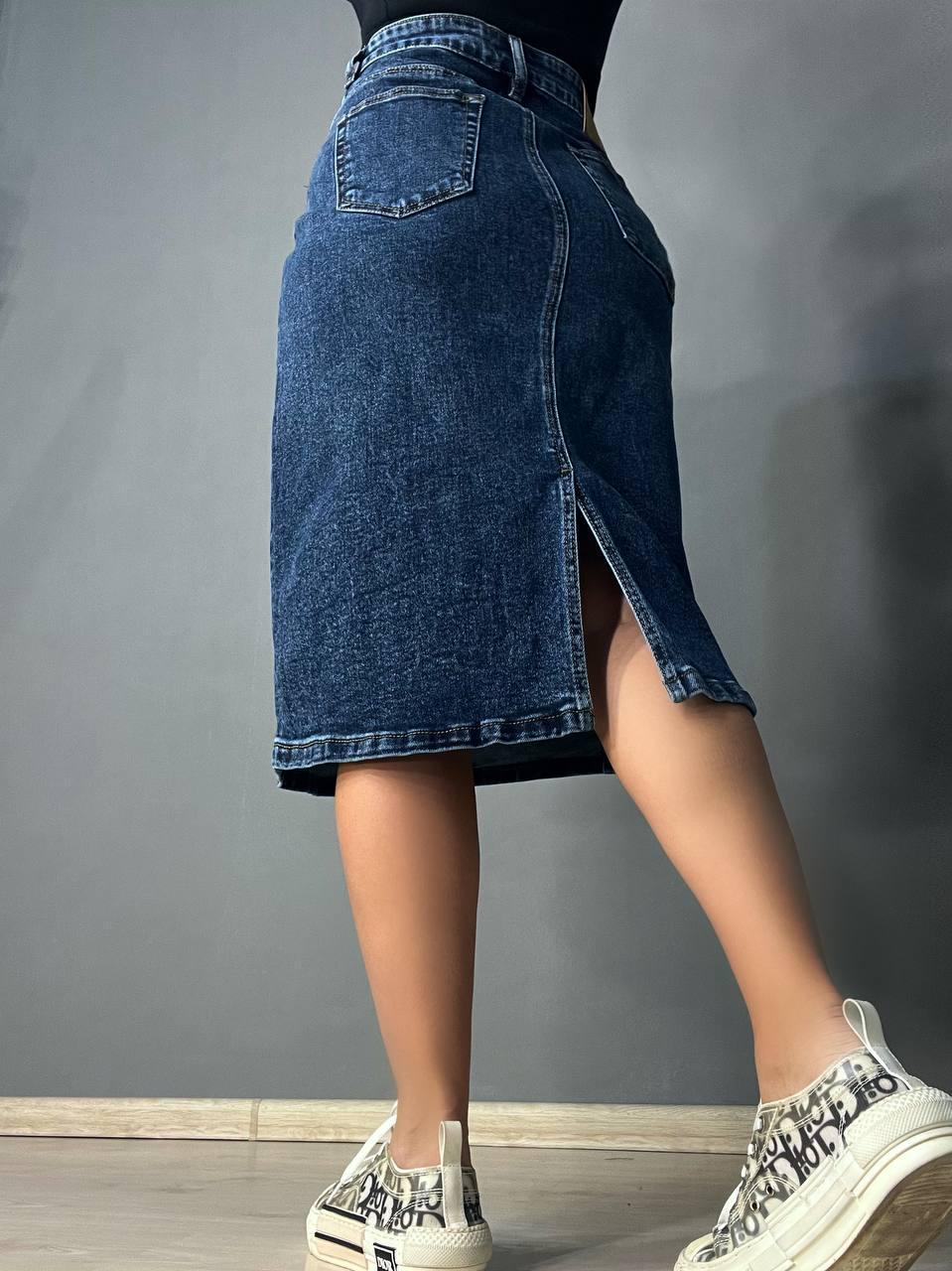 Юбка джинсовая Vanver 8251 средней длины с разрезом р. 40 Синий - фото 2