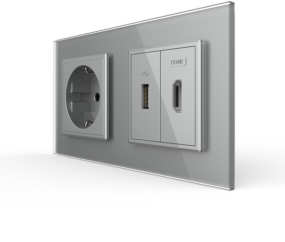 Розетка настенная LIVOLO с USB 10Вт интернет портом RJ-45/HDMI дизайнерская стеклянная рамка Серый (VL-C7FCTC16A/FCUA/FCHD-4IP)