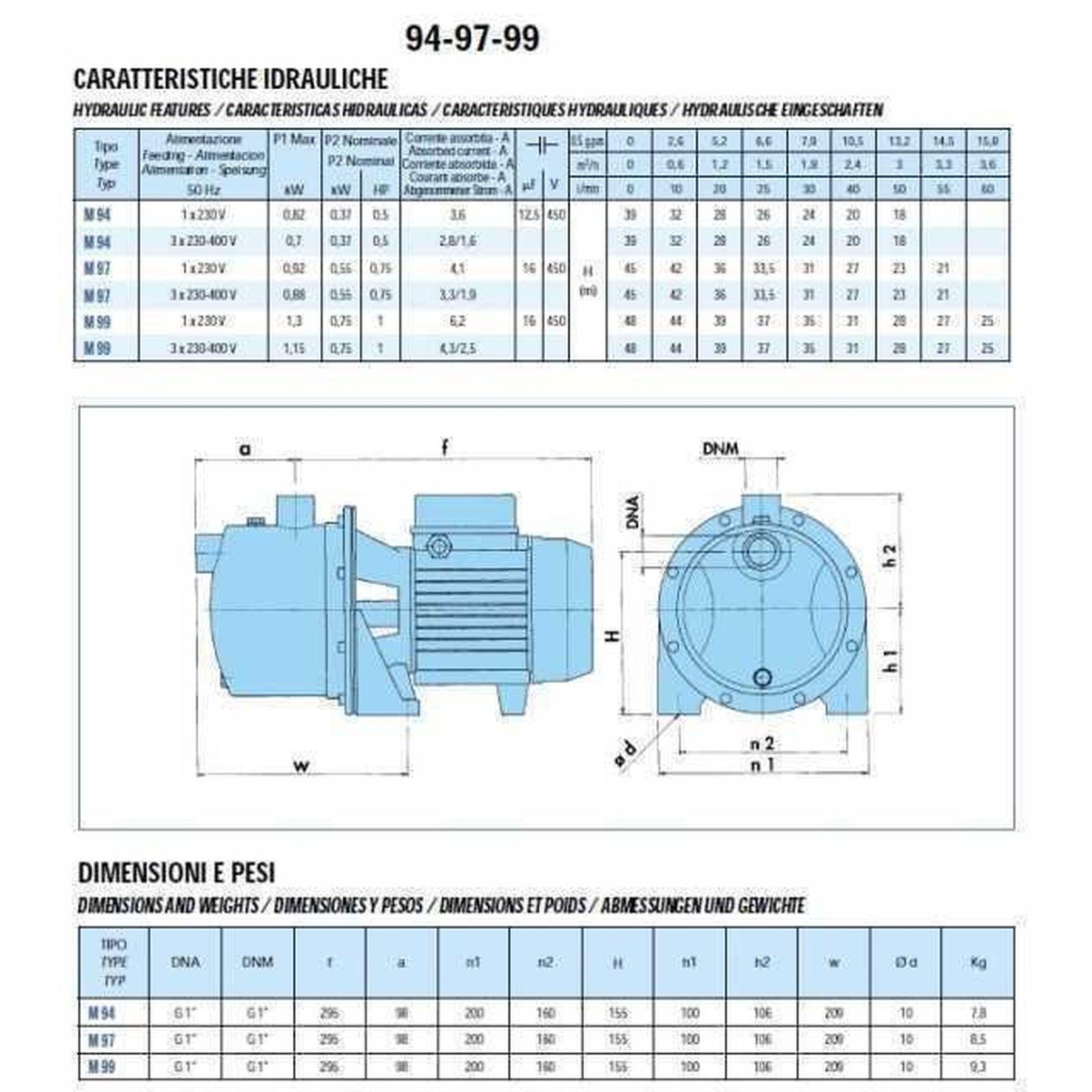 Насос відцентровий M-97-N PL нержавіюча сталь 0,55 кВт SAER 3,3 м3/година 45 м (147829) - фото 2