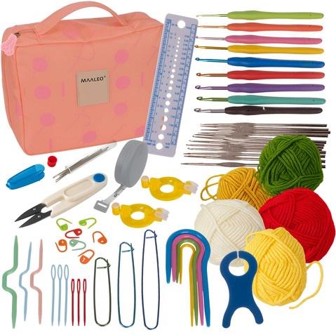 Набор для вязания крючком пряжа/резаки/булавки 58 предметов в кейсе