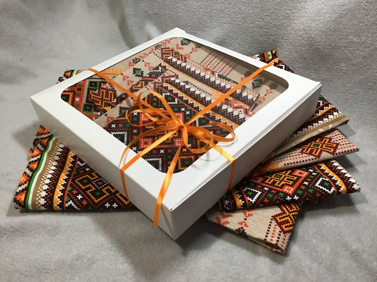 Набір український подарунковий з льняною скатертиною та серветками орнамент Оранжевий