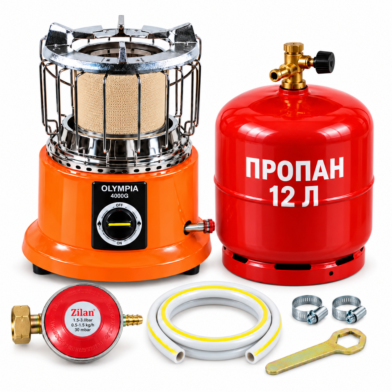 Комплект Olympia 4000G баллон 12 л/редуктор Zilan/шланг 1 м/2 хомуты и ключ (NEW-12)