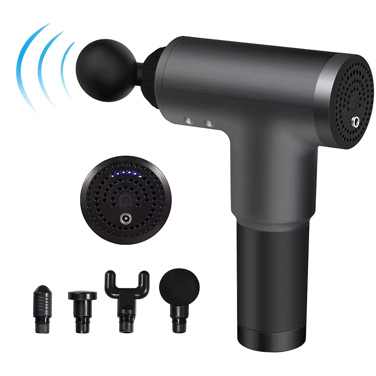 Массажер портативный вибрационный Fascial Gun аккумуляторный 2400 мАч 4 головки Черный (3444674517) - фото 2