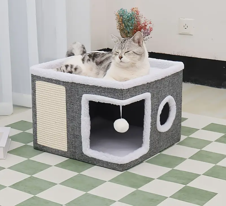 Ліжко-будиночок котяче дворівневе з печерою і кігтеточкою 41x41x35 см Сірий (2011)