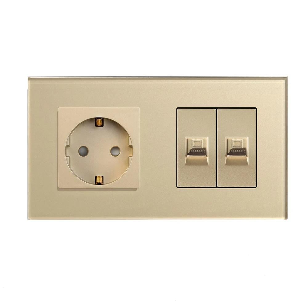 Розетка настенная LUXION 2хRJ-45 дизайнерская стеклянная рамка Золотой (LX-M1FCAT6CAT6-GD)