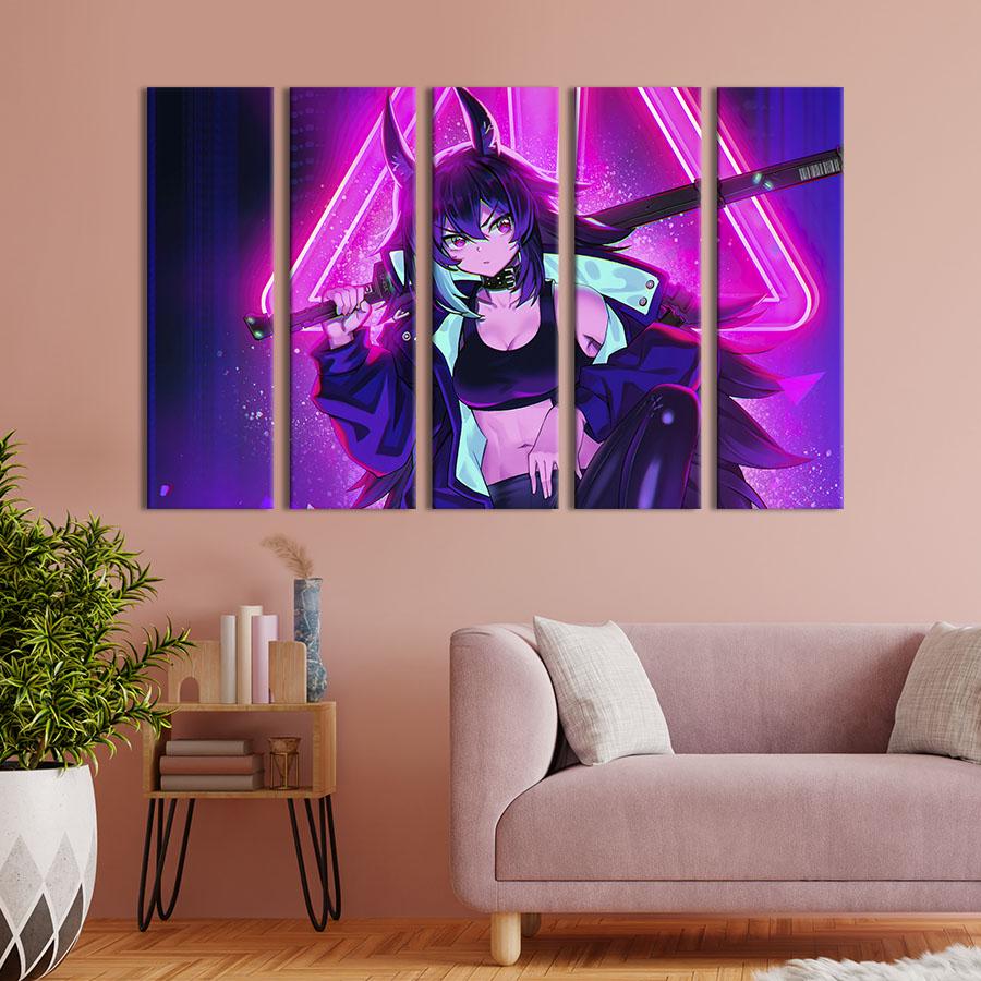 Модульная картина из 5 частей на холсте Киберпанк девушка рядом с неоновой вывеской 155x95 см (693-51)