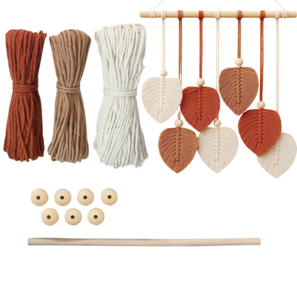 Набор макраме Листья для рукоделия и ручного вязания гобелена настенного декора 37х30 см Бордово-коричневый