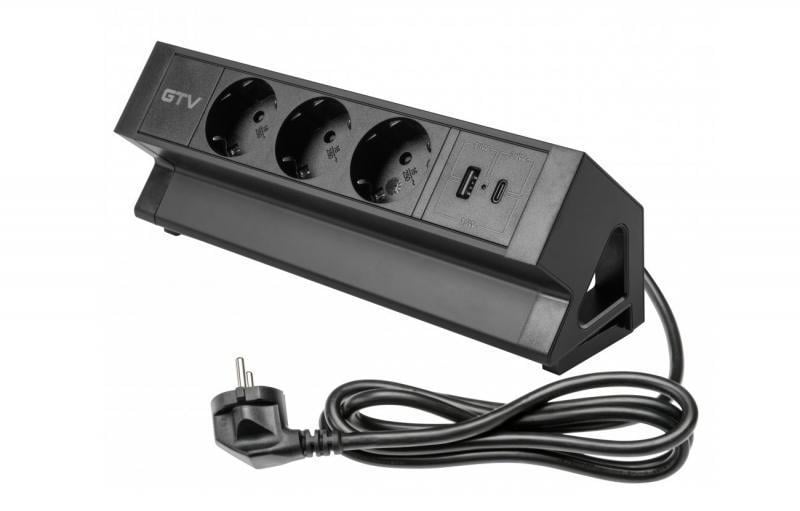 Удлинитель настольный GTV Basco с креплением 3-Schuko USB A+C кабель 1,5 м Черный (AE-GMBAS3S2U-20)