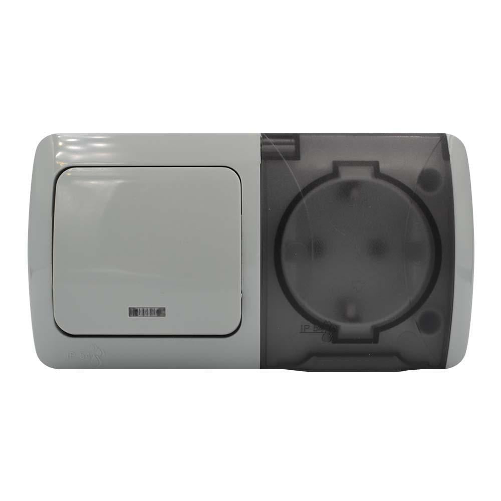 Выключатель одноклавишный EL-BI EVA накладной с подсветкой и одинарной розеткой с крышкой с/з IP54 Светло-серый (27486958)