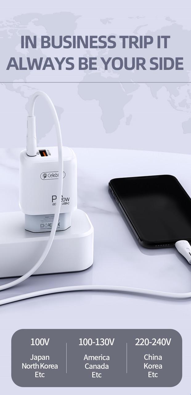 Мережевий зарядний пристрій Celebrat C-H3 Type-C/USB QC 18W Charger з кабелем Lightning White - фото 2