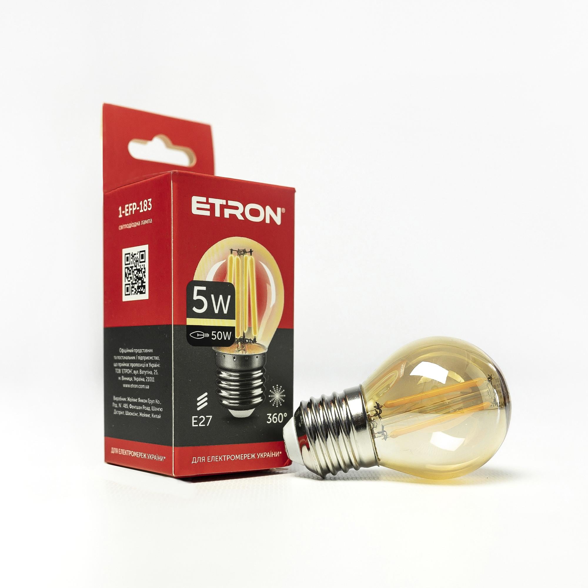Лампа LED ETRON Filament C35 E27 5W 2700K позолоченное стекло (1-EFP-183)