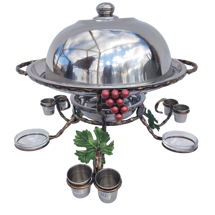 Садж Виноградная гроздь кованая с соусницами/рюмками/крышкой 36 см Серебряный (93-88-47) Садж Виноградная гроздь кованая с соусницами/рюмками/крышкой 36 см Серебряный (93-88-47)