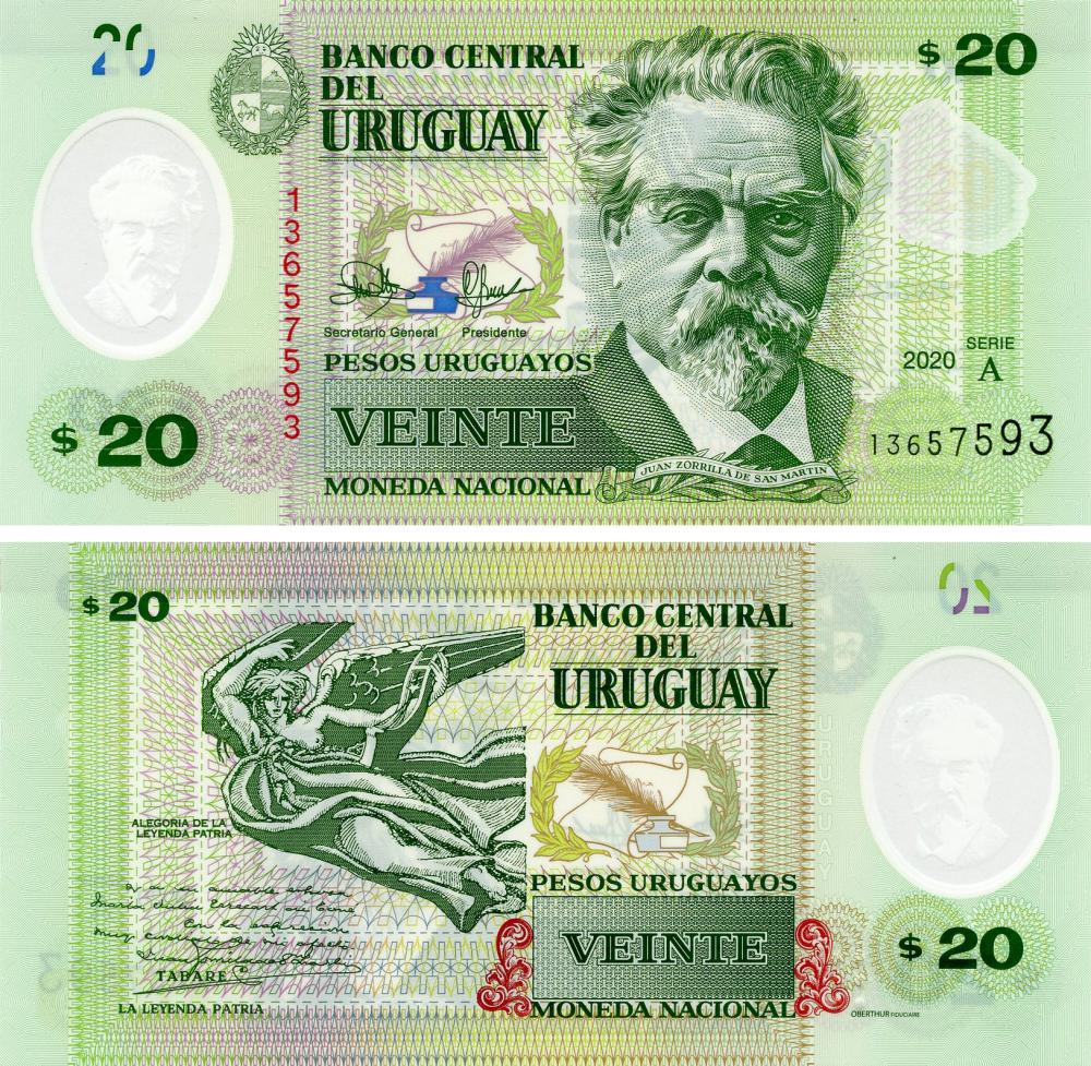 Коллекционная банкнота Уругвай 20 песо 2020 Полимер UNC Серия A (PW101(1))