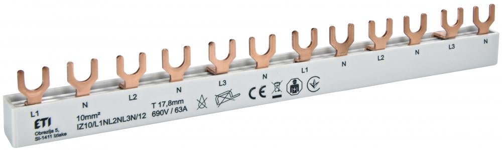 Шина соединительная ETI IZ 10/L1NL2NL3N/12 3P+N 63А типа FORK 12 модулей 10 мм2 21 см (2921268)