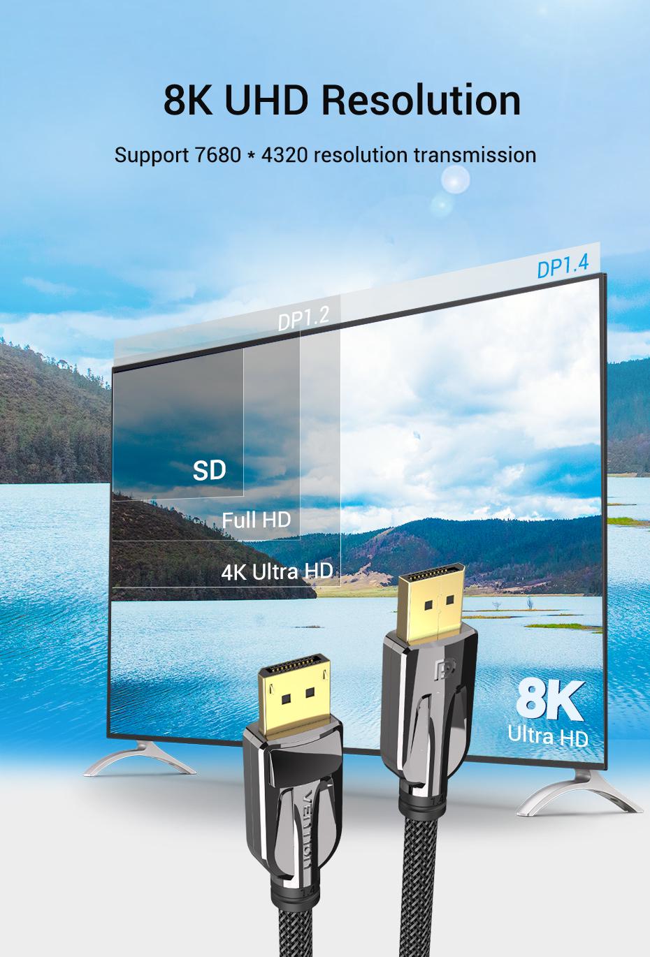 Кабель Vention DisplayPort 1.4 8K 60Hz 4K 144Hz 1080p 240Hz 32.4 Гбіт/с DP Dynamic HDR G-Sync Free Sync 1,5 м Чорний (HCABG) - фото 4