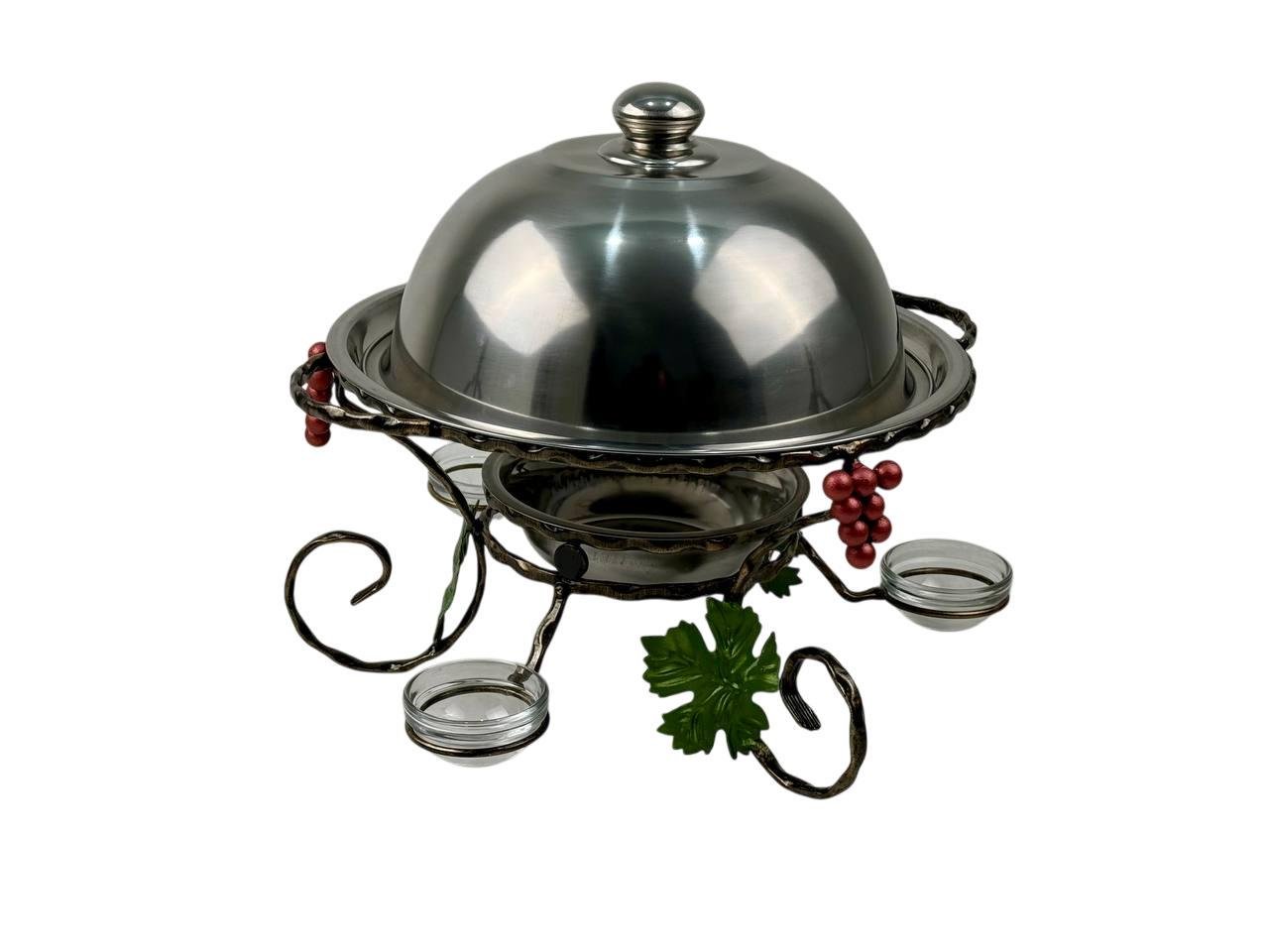 Садж для подачи шашлыка из нержавеющей стали с соусниками и крышкой 36 см Стальной (21-10-SJ-6587)