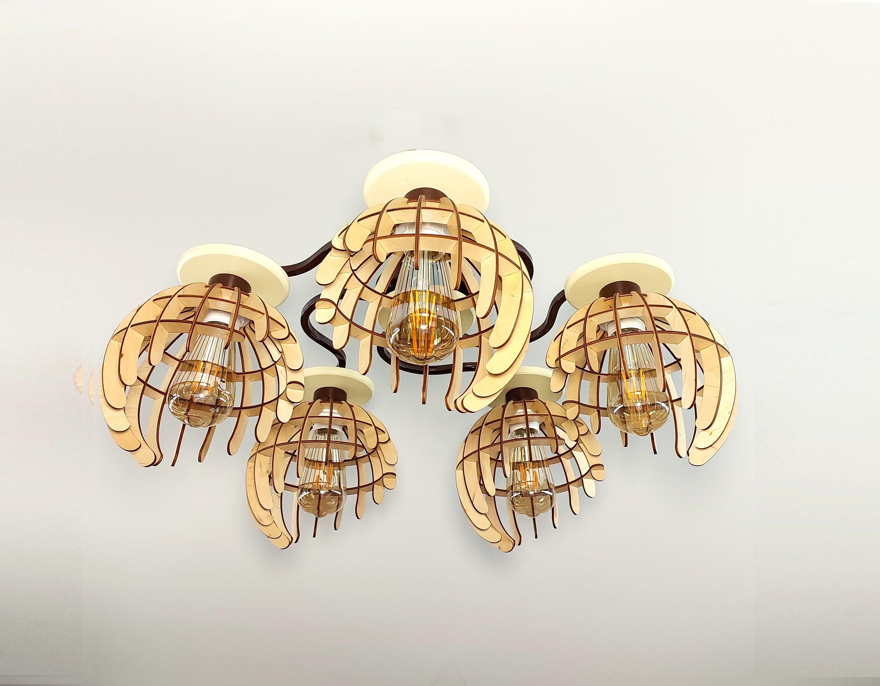 Люстра в стиле лофт на 5 лампочек с деревяными плафонами Коричневый/Бежевый (4345-18)