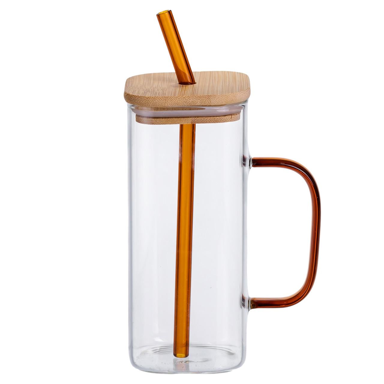 Кружка стеклянная Light House LG-30162 CL/BN с крышкой и коричневой трубочкой 400 мл Прозрачный