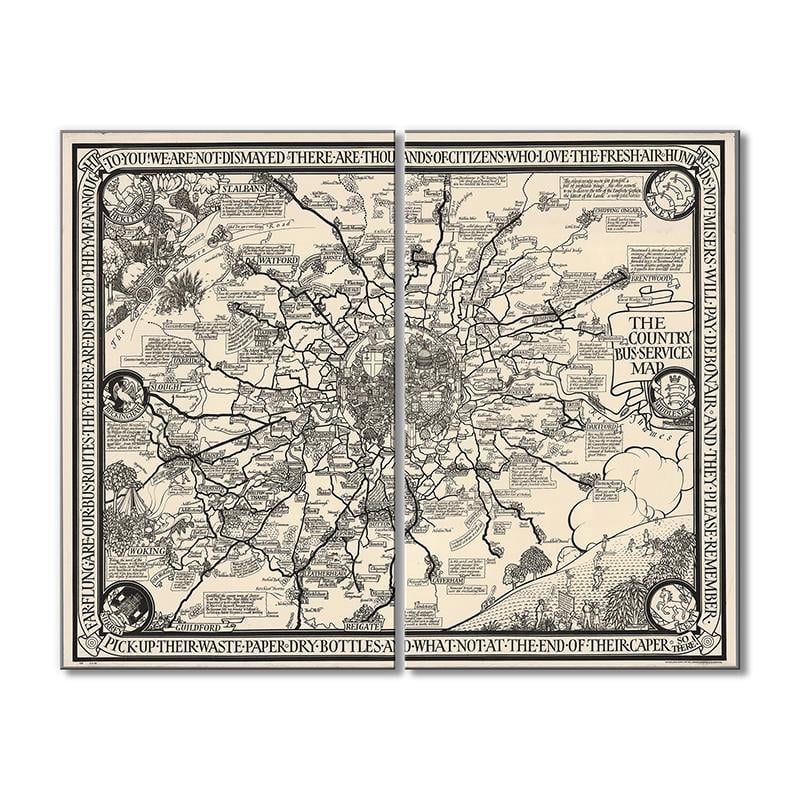 Винтажная карта Лондон. Карта автобусных маршрутов с  историческими зарисовками 2 модуля 50x75 см