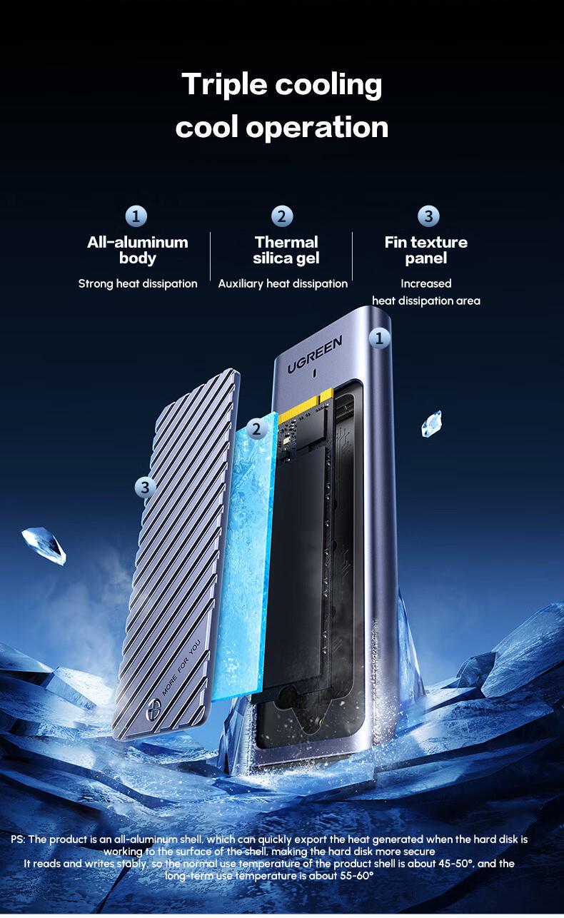 Зовнішня кишеня UGREEN для SSD M.2 Dual Protocol NVMe SATA USB 3.2 Gen 2 10Gbps алюмінієвий UASP TRIM SMART Темно-сірий (35051) - фото 4