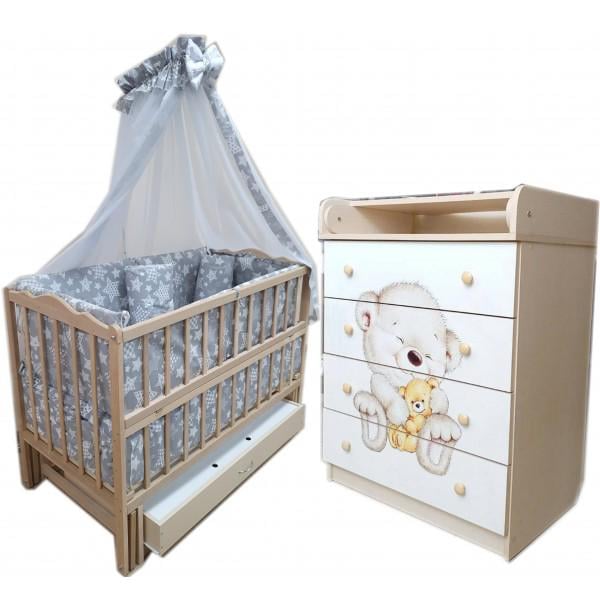 Комплект Малыш Эко: комод Венге светлый/кроватка-маятник без лака без ящика/матрас Кокос/постельный набор