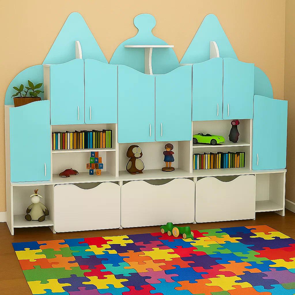 Стенка для детских игрушек Домик DS-1004 2600x420x1900 мм Голубой