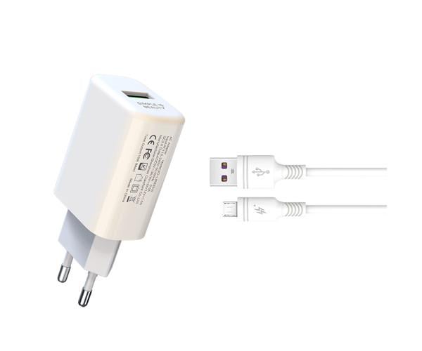 Пристрій мережевий зарядний Xo L85D QC3.0 1USB/18W/USB/microUSB White - фото 1