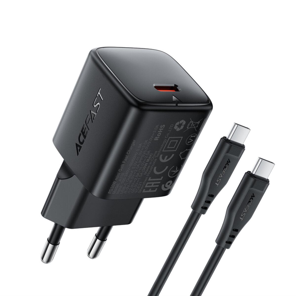 Зарядное устройство с кабелем Acefast A118 PD30W Mini GaN Type-C Fast Charger 3A Black (6974316285175)