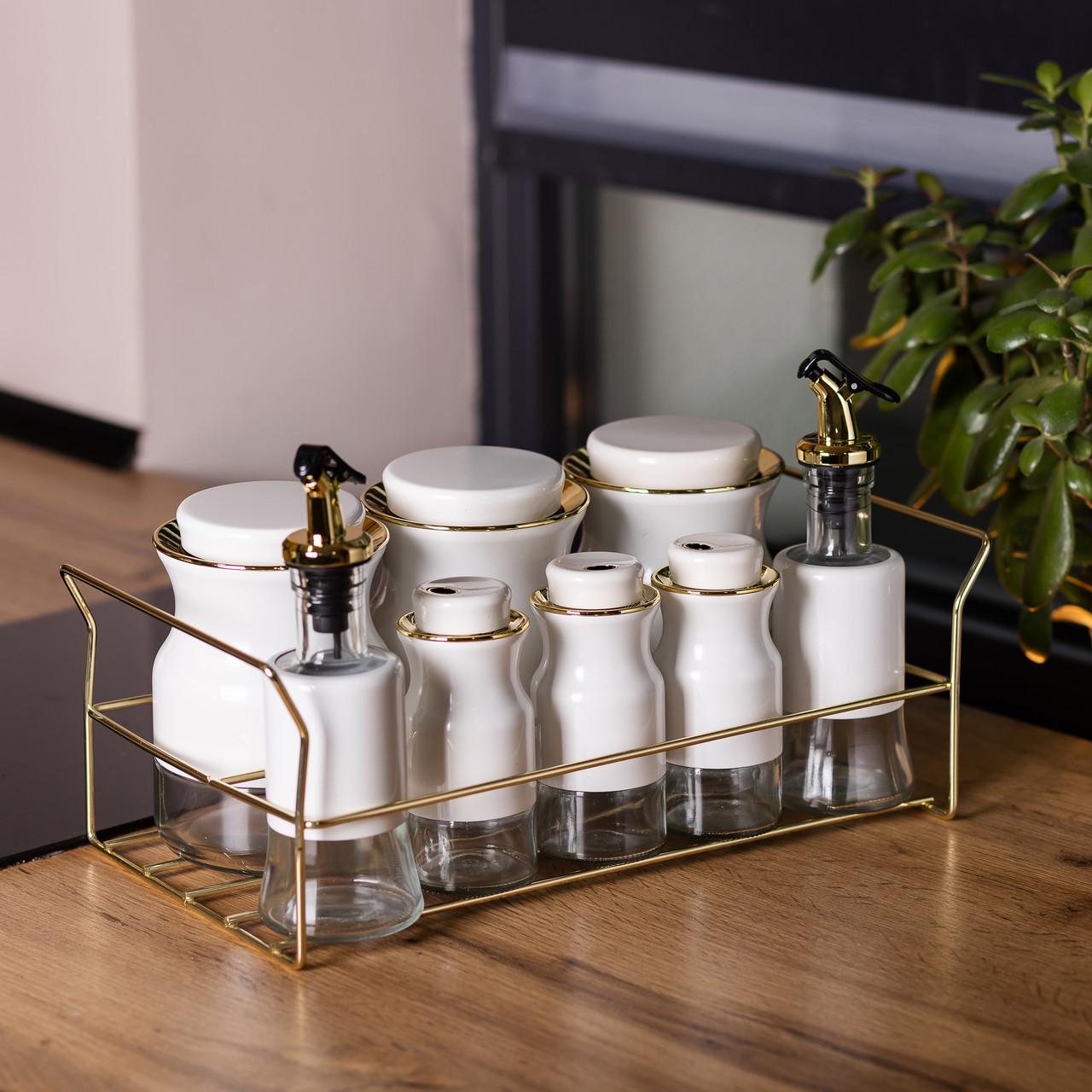 Набір для спецій на підставці з пляшками для олії та оцту 8 предметів Білий (HP-1360W) - фото 8