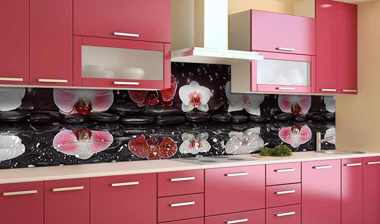 Кухонный фартук Орхидеи из самоклеющейся виниловой пленки 60х300 см Черный