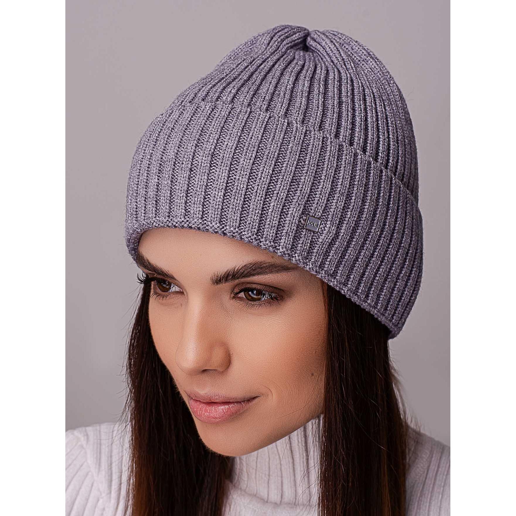 Шапка жіноча ковпак з відворотом без підкладки в широкий рубчик Leks Ковель Сірий меланж - фото 1