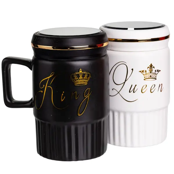 Чашки парные для горячих напитков King & Queen из порциляна с крышкой 450 мл Черно-белый (147-107-FM-26)