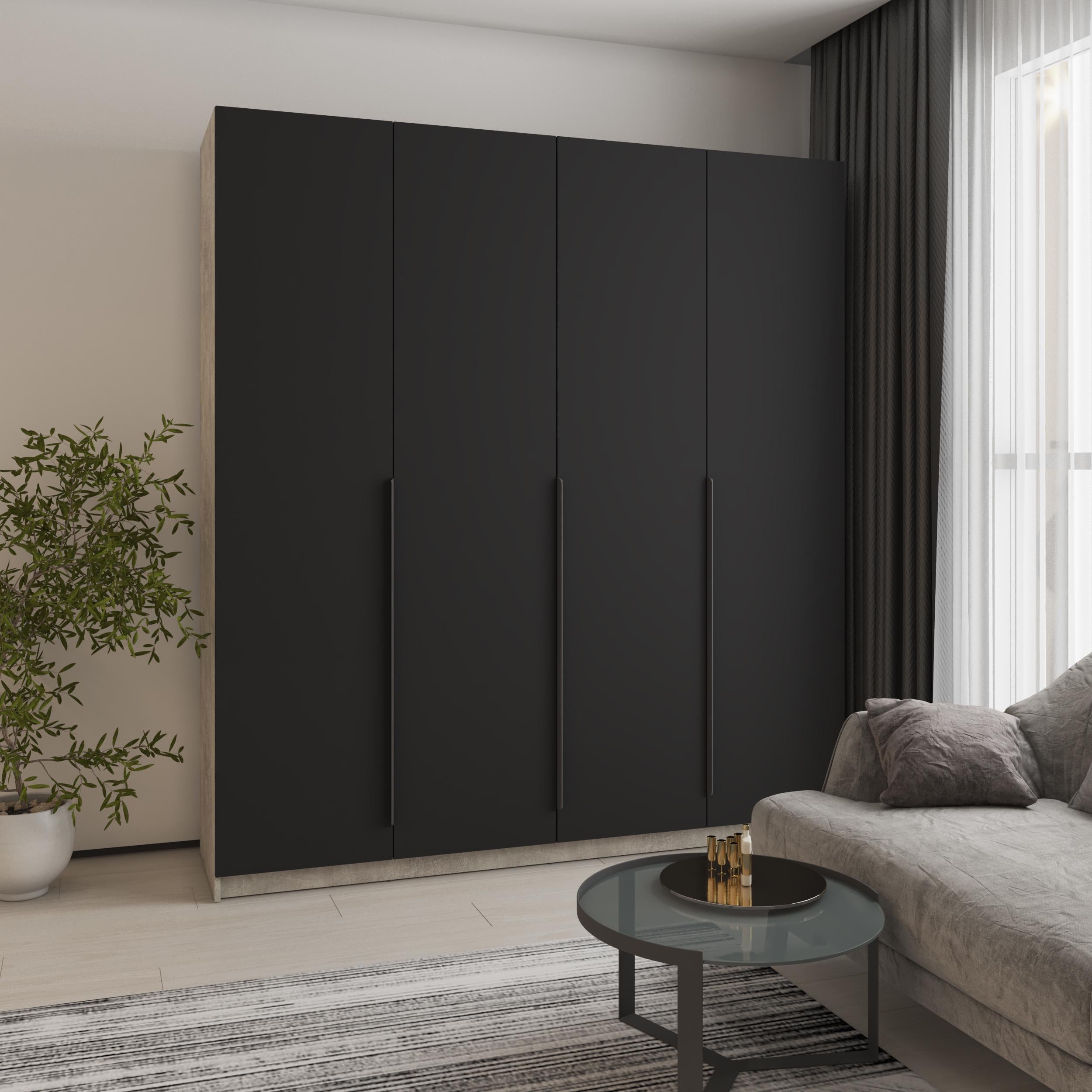Шкаф 4-дверный MebelStar Оскар МДФ Ultra Mat BL-B 4 дополнительных полки 200x52x220 см Бетон/Черный (MBS-5818)