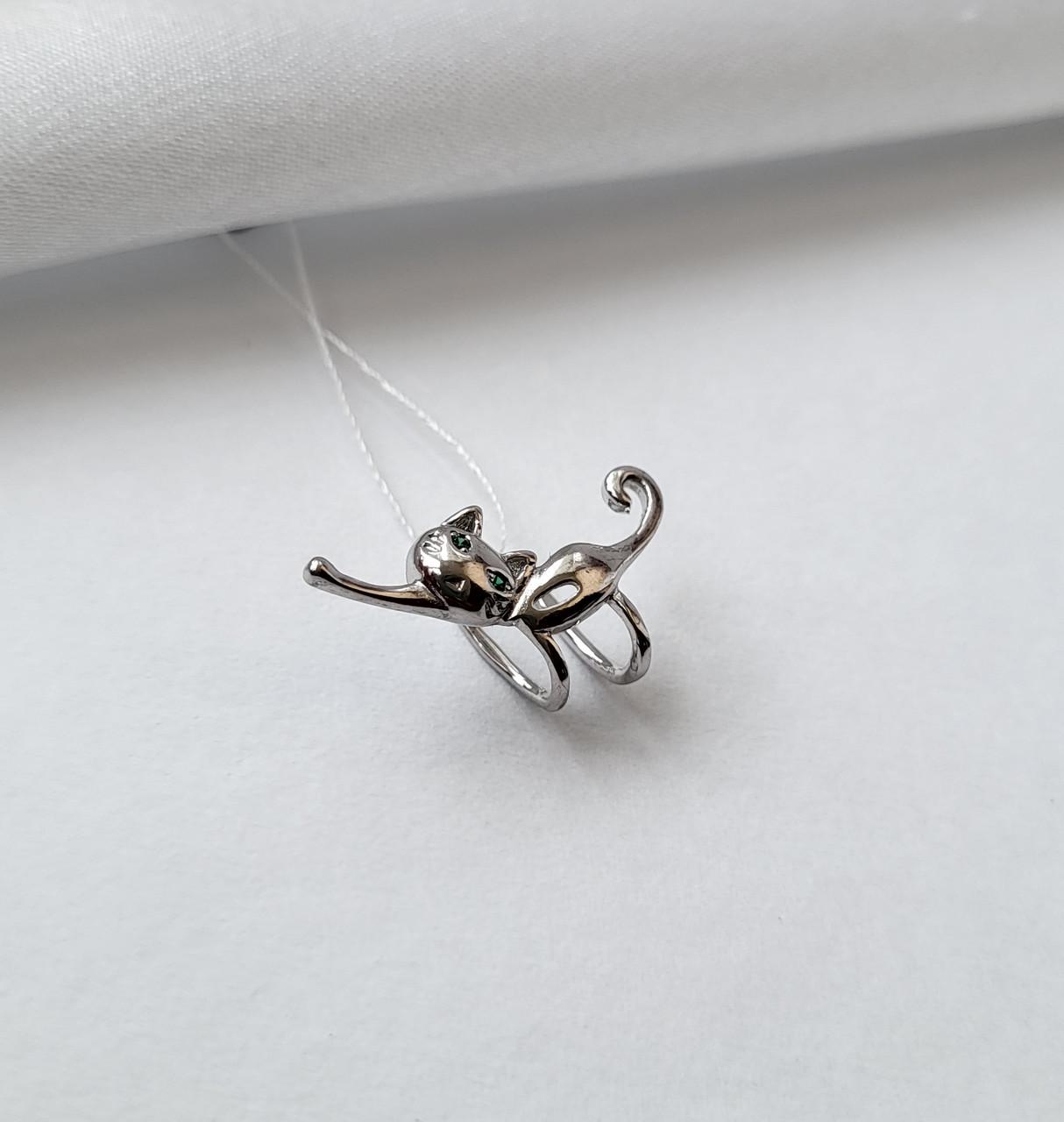 Серьга Кот с глазами Зеленый серебряная 925 пробы 120 г