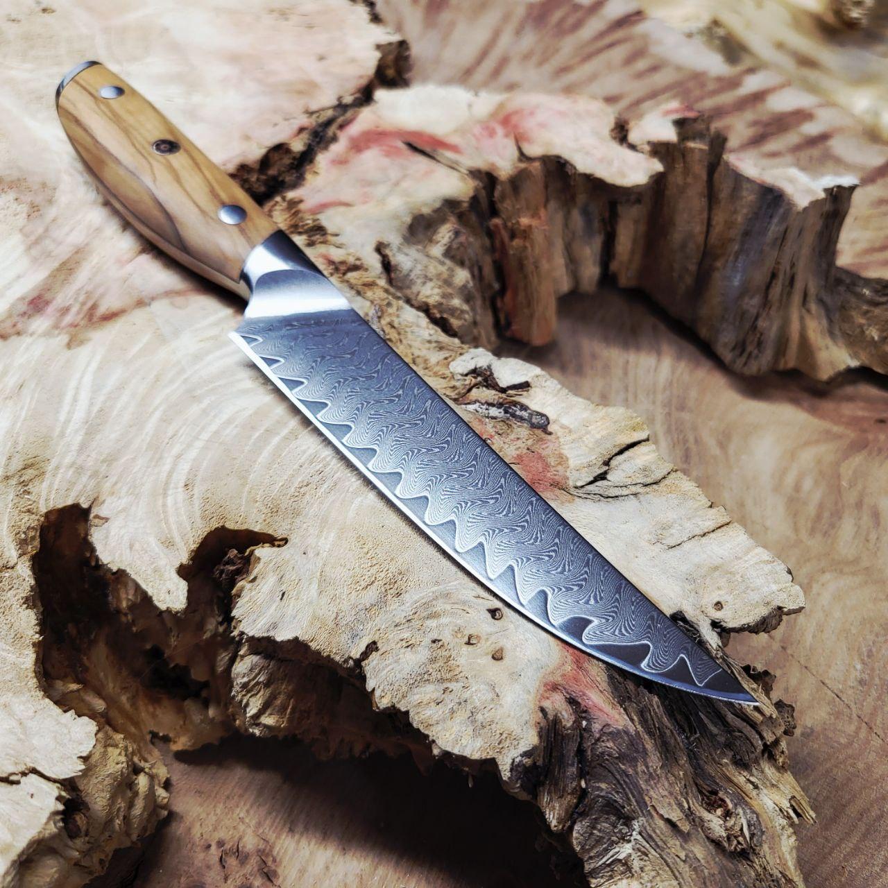 Кухонний ніж із дамаської сталі з дерев'яною рукояттю - фото 4