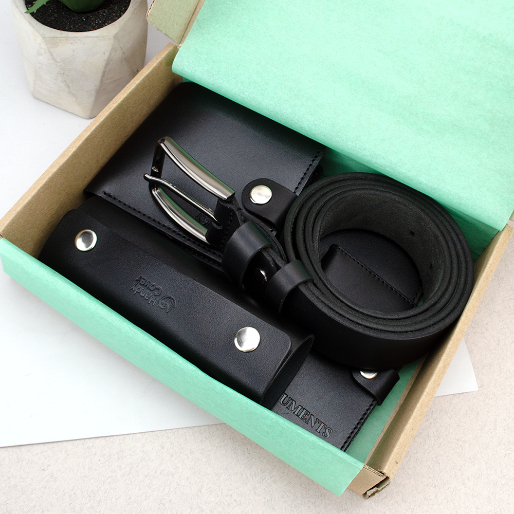 Подарочный набор мужской №24 ремень/портмоне/ключница/обложка на паспорт/на документы Черный (874452223) - фото 3